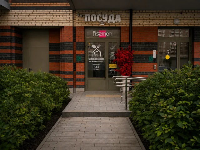 Вход в магазин «Посуда и Декор» со стороны Коломяжского проспекта: вывеска ПОСУДА над дверью и пандус